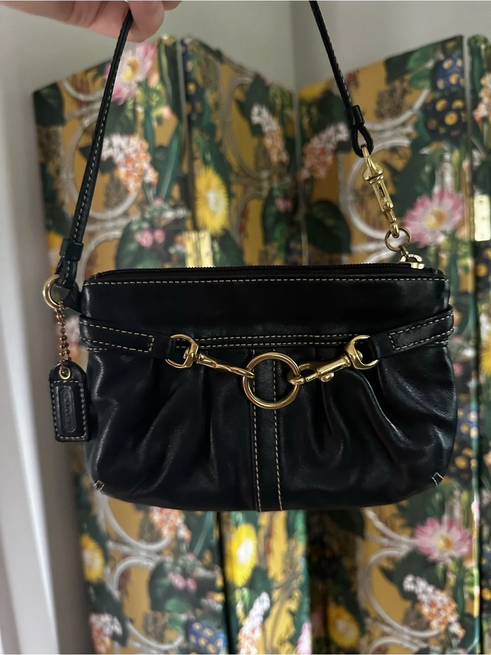 Coach Black Leather Wristlet with Gold Ring Hardware